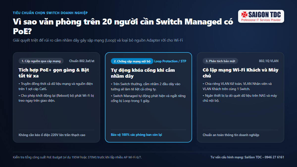 Đấu nối Switch PoE Managed chia VLAN trong tủ mạng doanh nghiệp