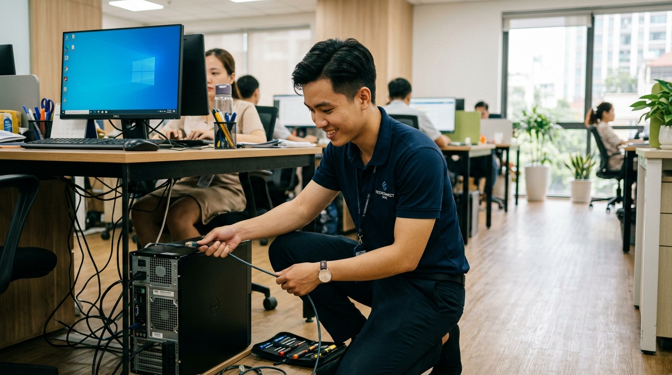 Kỹ thuật viên IT SaiGon TDC hỗ trợ tận nơi tại văn phòng doanh nghiệp Quận 7 TP.HCM