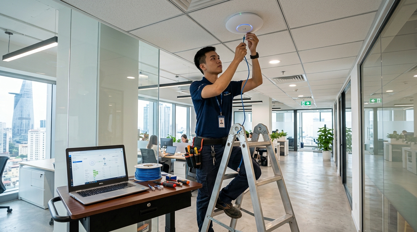 Kỹ thuật viên SaiGon TDC lắp đặt WiFi enterprise Ubiquiti UniFi tại tòa nhà văn phòng cao tầng Quận 1 TP.HCM