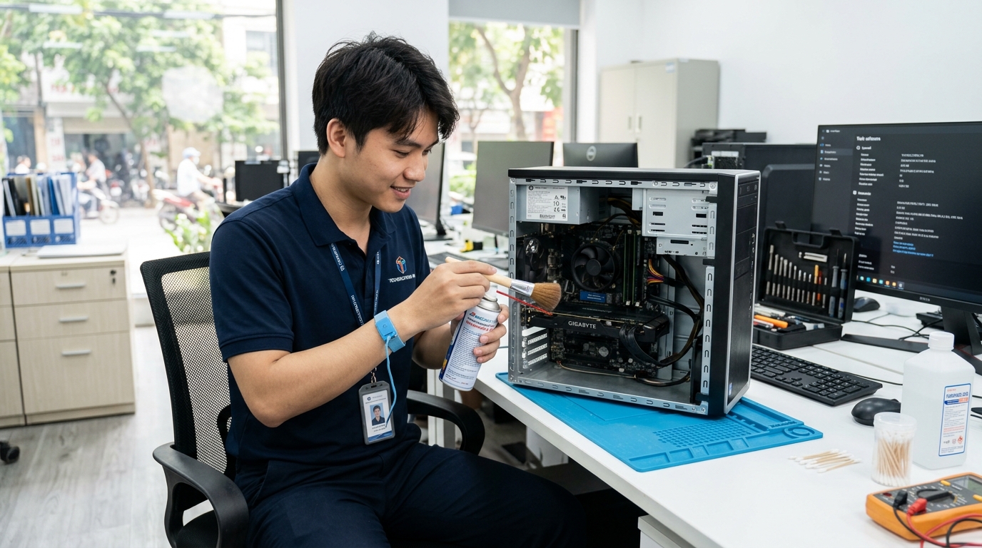 Kỹ thuật viên vệ sinh phần cứng máy tính văn phòng định kỳ - bảo trì IT doanh nghiệp SMB