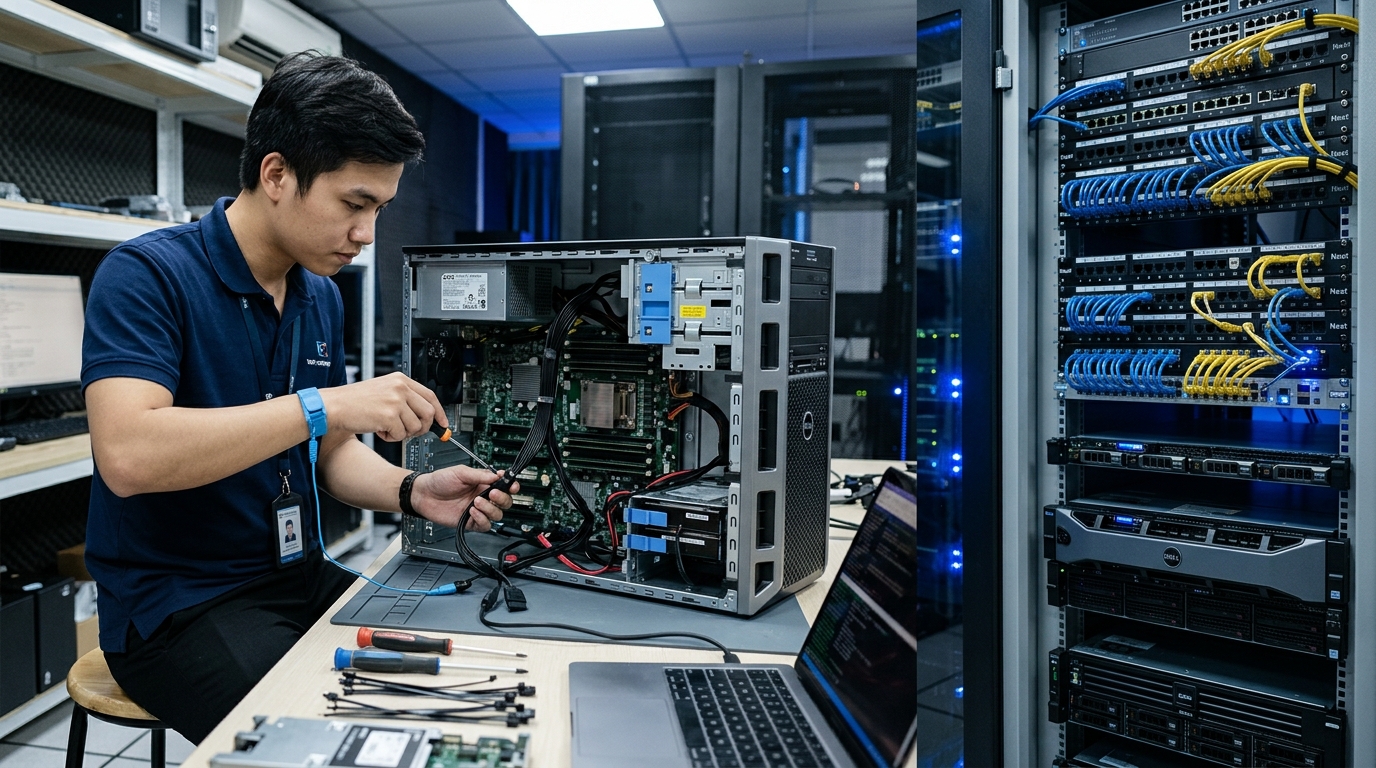 Kỹ thuật viên SaiGon TDC lắp đặt và cấu hình máy chủ Dell PowerEdge T150 tại phòng server doanh nghiệp