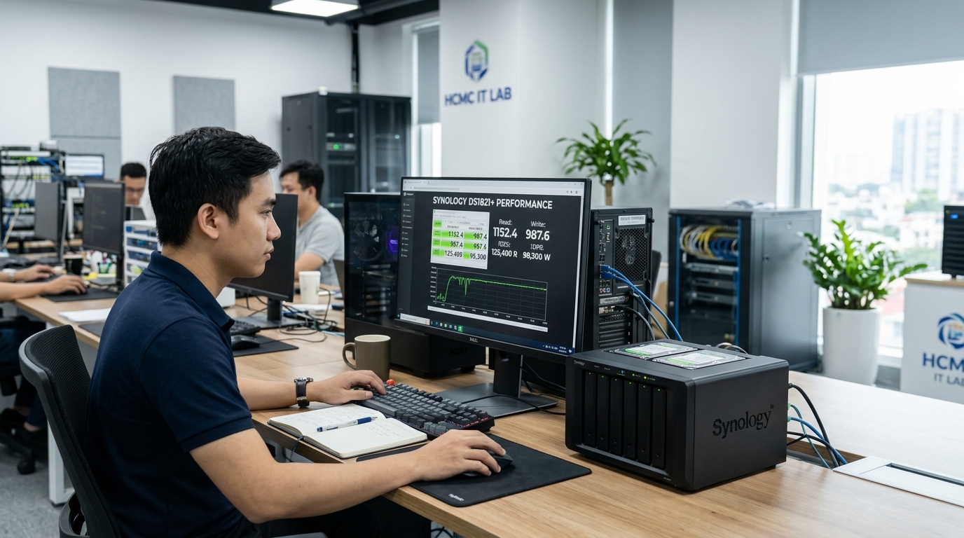 Kỹ thuật viên SaiGon TDC chạy benchmark hiệu năng ổ cứng NAS Synology tại lab