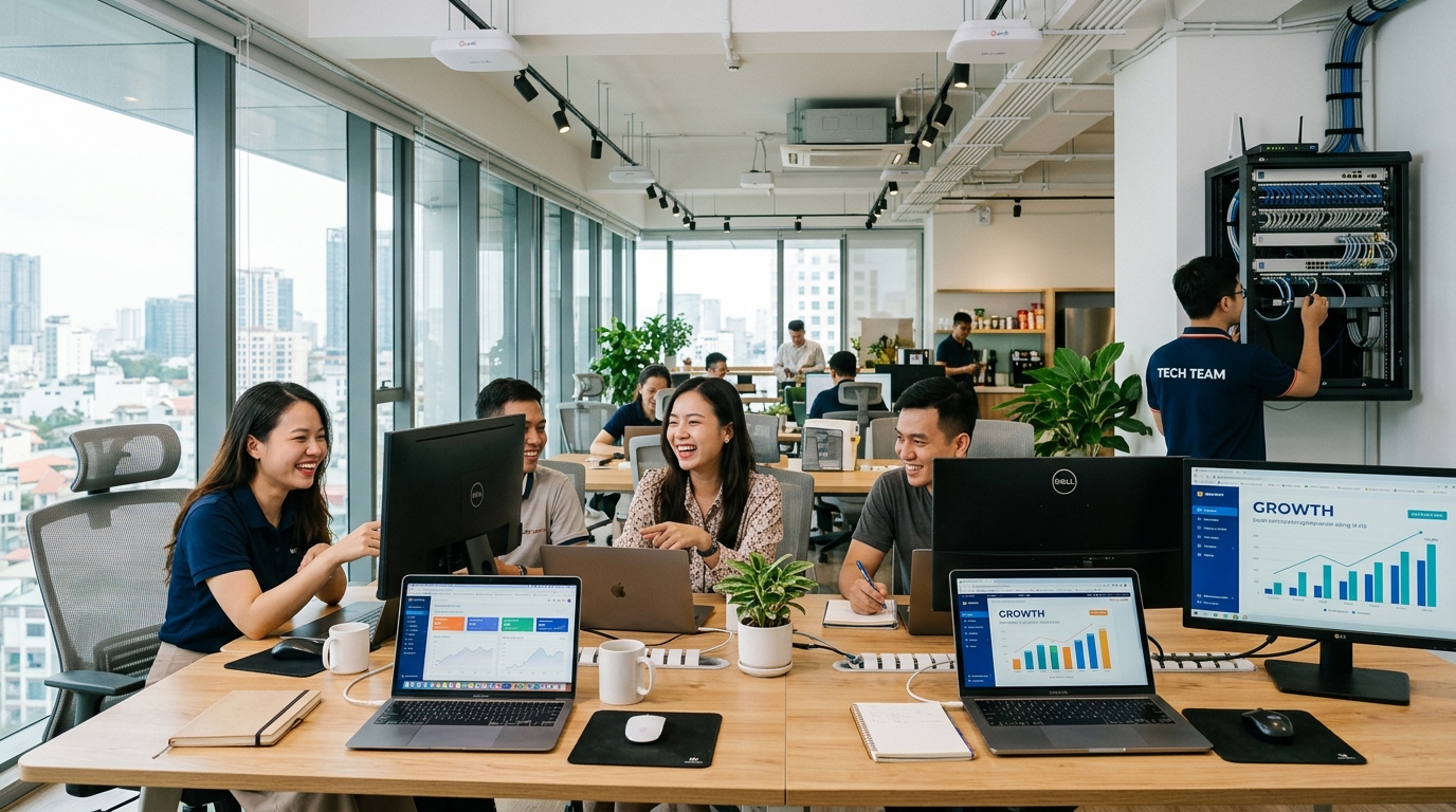 Môi trường văn phòng làm việc startup công nghệ đòi hỏi hạ tầng mạng và thiết bị IT vận hành liên tục