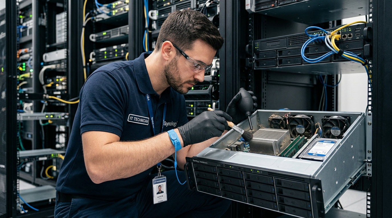 Kỹ thuật viên SaiGon TDC vệ sinh tĩnh điện và bảo dưỡng hệ thống tản nhiệt cho NAS Synology