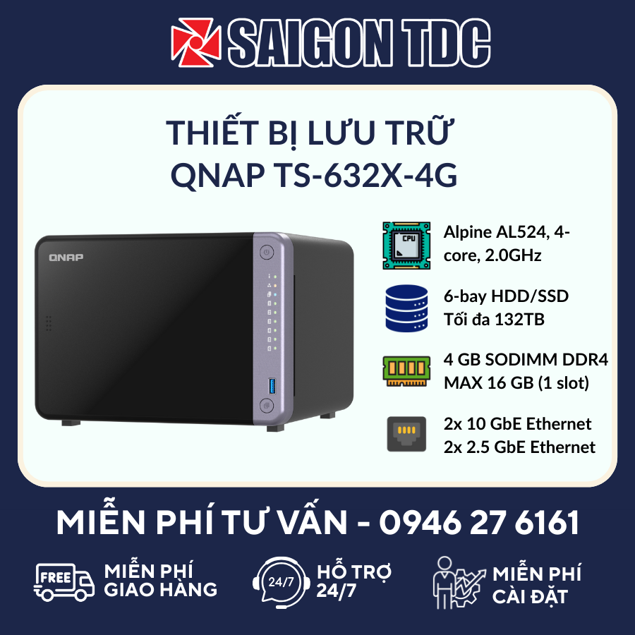 Thiết Bị Lưu Trữ NAS QNAP TS-632X-4G 6Bay HDD/SSD 10GbE